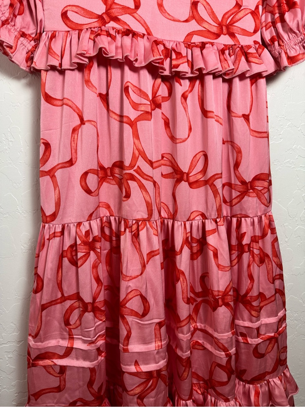 Ivy City Co Pink and Red Ribbon and Bow Print Ruffle Tiered Maxi Dress - Picture 6 of 14